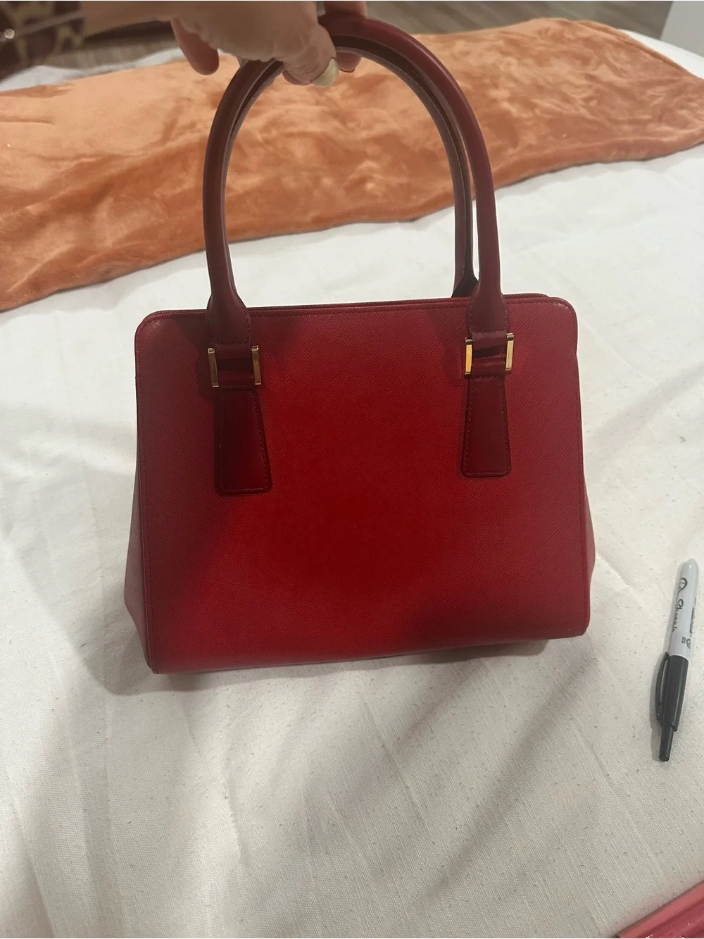 Burberry Red Leather Structured Satchel with Top Handles